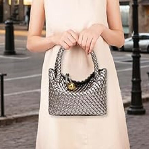 Neiman Marcus Metallic Woven Vegan Leather Handbag with Gold Sphere Clasp - Picture 2 of 3